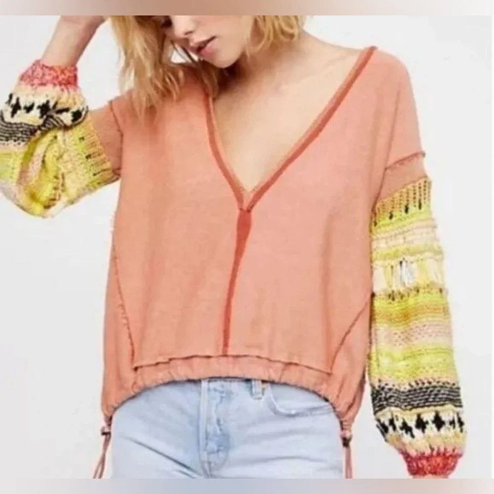 Free people over sized top w/crochet sleeves. EUC Or NWOT